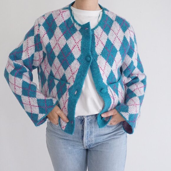Zara Sweaters - ZARA Argyle Knit Cardigan Teal Pink White Preppycore Soft Girl Y2K Aesthetic L
